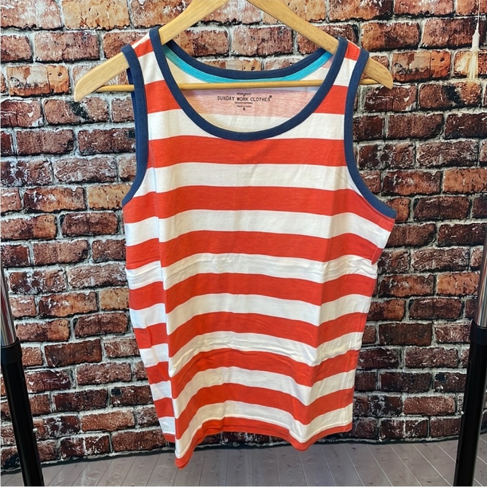 Sunday work clothes men's striped tank top small red white blue French sailor